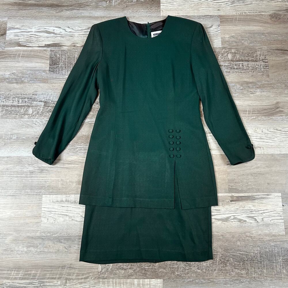 Vintage 90s Green Button Front Midi Dress Office Siren Dark Academia Minimalist